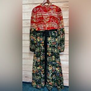 Vintage 60's Mollie Parnis Floral Maxi Dress Sz 8 M Balloon Sleeve Gold Metallic